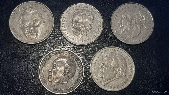2 марки ФРГ (5 разных юбилейных монет)