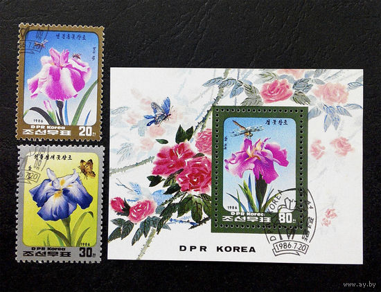 Корея. КНДР 1986 г. Цветы. Флора, полная серия из 2 марок + Блок #0258-Ф1P58