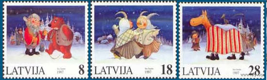 Латвия 1997, (74) Рождество. Новый год. Медведь. Праздники, 3 марки **