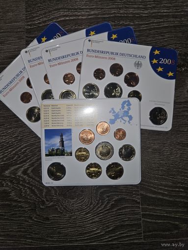 Германия 2008 год 5 наборов разных монетных дворов A D F G J. 1, 2, 5, 10, 20, 50 евроцентов, 1, 2 евро и 2 юбилейных евро. Официальный набор BU монет в упаковке.