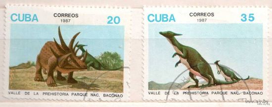 Динозавры. 2 марки, 1987г.,гаш. Куба.