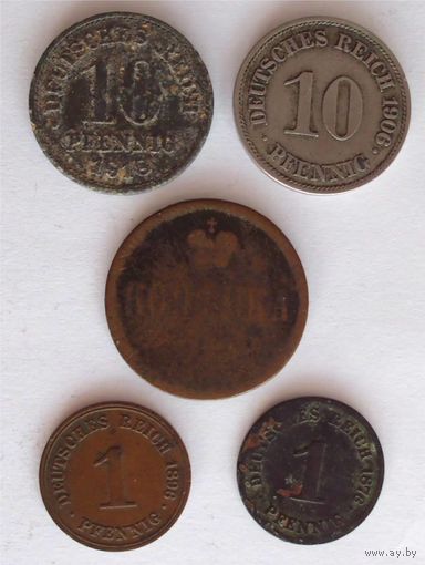 1 копейка 1865, 1 пфенниг 1876, 1 пфенниг 1896, 10 пфеннигов 1906 и 1918 5 монет одним лотом