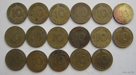 Монеты ФРГ 10 пфеннигов - 17 шт.