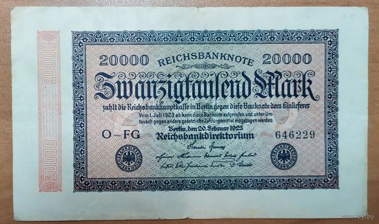 20000 марок 1923 года - Германия (Ro.84c) - в/з Hakenshtern - 6 цифр