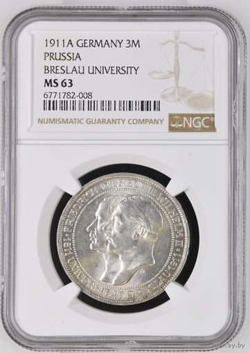 3 марки 1911 год Бреславский университет. Грейд NGC MS63! Очень красивое коллекционное состояние!