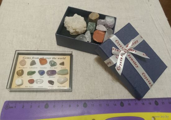 Коллекция камней и минералов в красивом сувенирном боксе + минералы в коробочке. Отличный подарок.