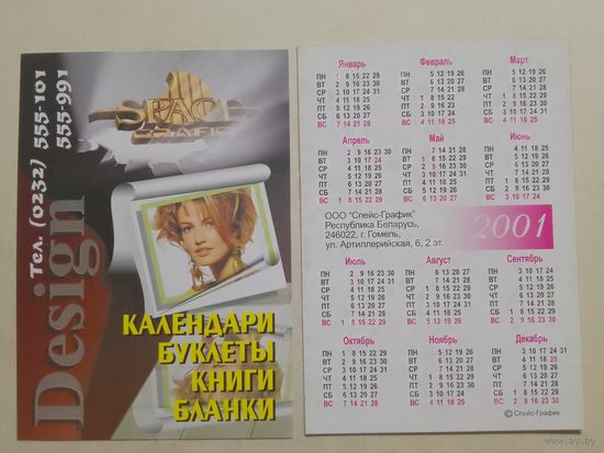 Карманный календарик. Календари. Гомель. 2001 год