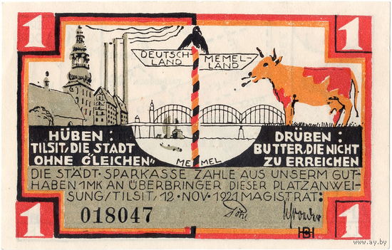 Восточная Пруссия, Тильзит (Советск), 1 марка, 1921 г., UNC