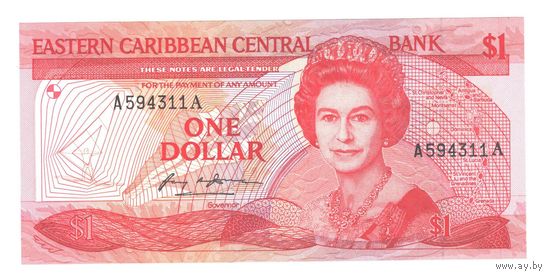 Восточные Карибы 1 доллар образца 1988 года. Тип Р 21а. Буква А (Антигуа и Барбуда). Состояние UNC!