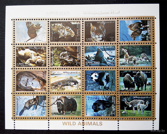 Аджман 1973 г. Дикие животные. Фауна. Сцепка, полная серия из 16 марок #0156-Ф1P37
