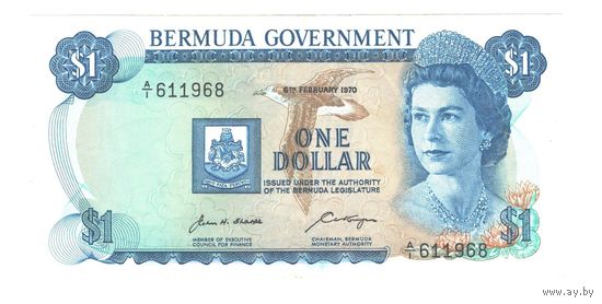 Бермудские острова 1 доллар 1970 года. Дата 6 февраля. Тип Р 23а. Состояние аUNC!
