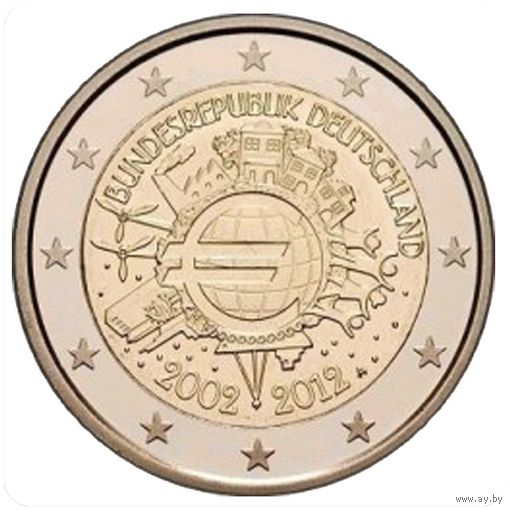 2 евро 2012 Германия G 10 лет наличному евро UNC из ролла