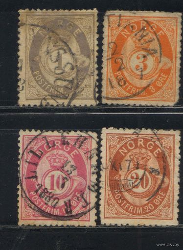 Норвегия 1877 Почтовый рожок Стандарт Эре #22,23,25,27
