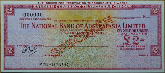 Австралия 2 Дорожных чека The National Bank of Australasia Limited 2 и 50 фунтов 1960-ых г. Образец aUNC