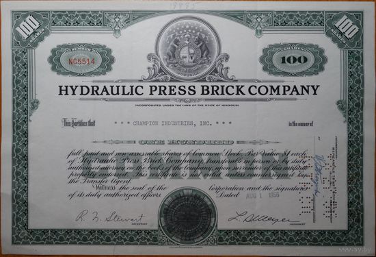 Акция сертификат компании Hydraulic press brick company 1956 г.