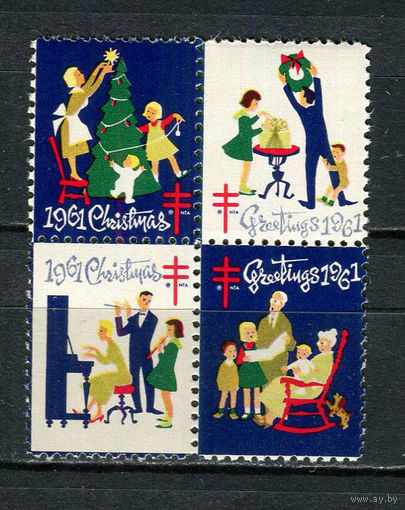 США - 1961 - Рождество и Новый год - кварт - 4 виньетки. MNH, MLH.  (LOT EB6)-T10P34