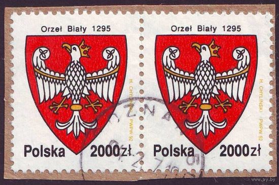 История белого орла, герба Польши 1992 год сцепка из 2-х марок на вырезке