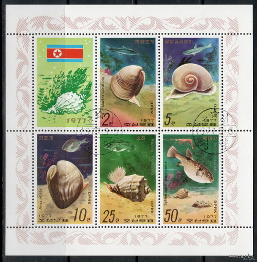 Корея /КНДР/1977/ Морская Фауна / Ракушки / Рыба / Разновидности /  Сцепка 6 марок