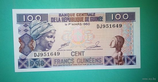 Банкнота 100 франков Гвинея 1998 г.