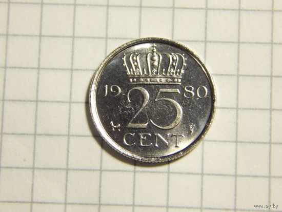 Нидерланды 25 центов 1980 (интересная монета как пруф)
