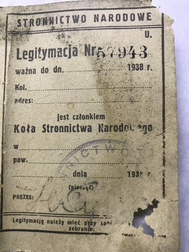 Legitymacja. Stronnictwo narodowe.1938r.