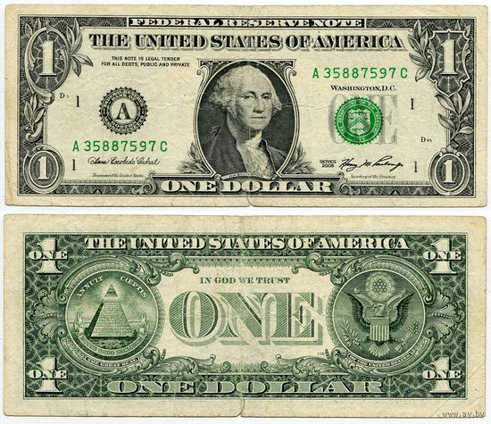 США. 1 доллар (образца 2006 года, A, Массачусетс, P523)