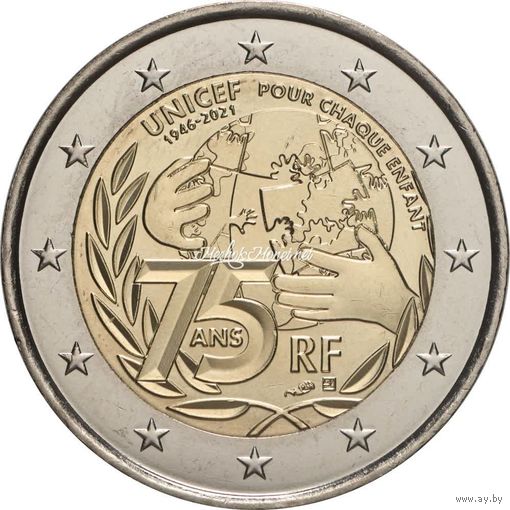 2 евро 2021 Франция 75 лет Юнисеф UNC из ролла