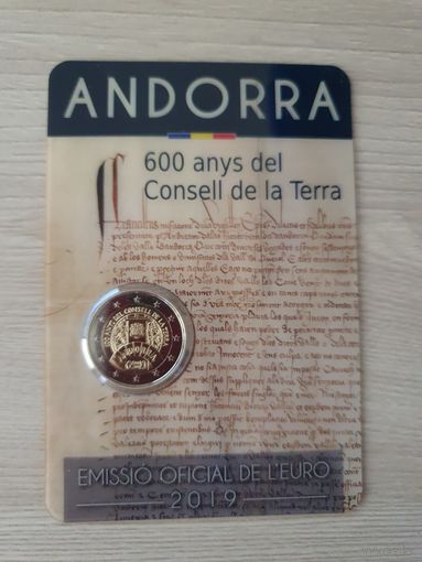 Монета Андорра 2 евро 2019 600 лет Генеральному совету долин Андорры БЛИСТЕР